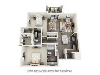 A floor plan of a small apartment with a kitchen, living room, and two bedrooms.